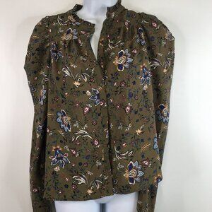 Rachel Zoe Floral Button Down Green Blouse Mock Neck Top Size XS